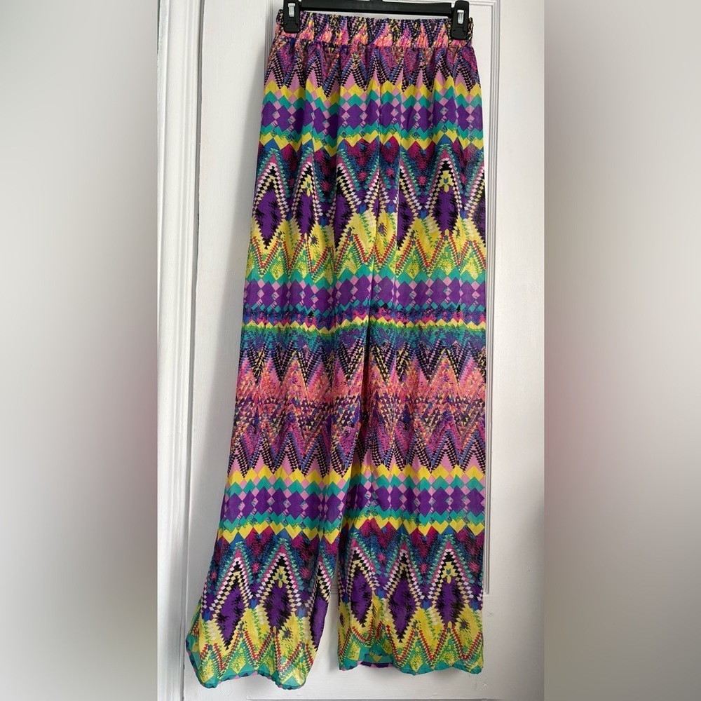Love Tree Colorful Tribal Print Wide Leg Palazzo Pants Boho Waist Sz: Med